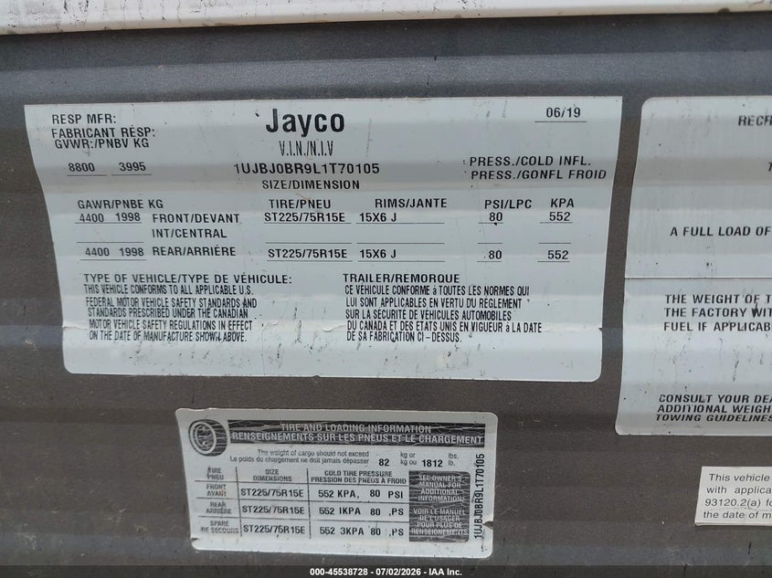 2020 Jayc 28r VIN 1UJBJ0BR9L1T70105 IAAI salvage auction — BURN, Salvage (Texas), sold $125 on 2026-09-17 (photo 9)