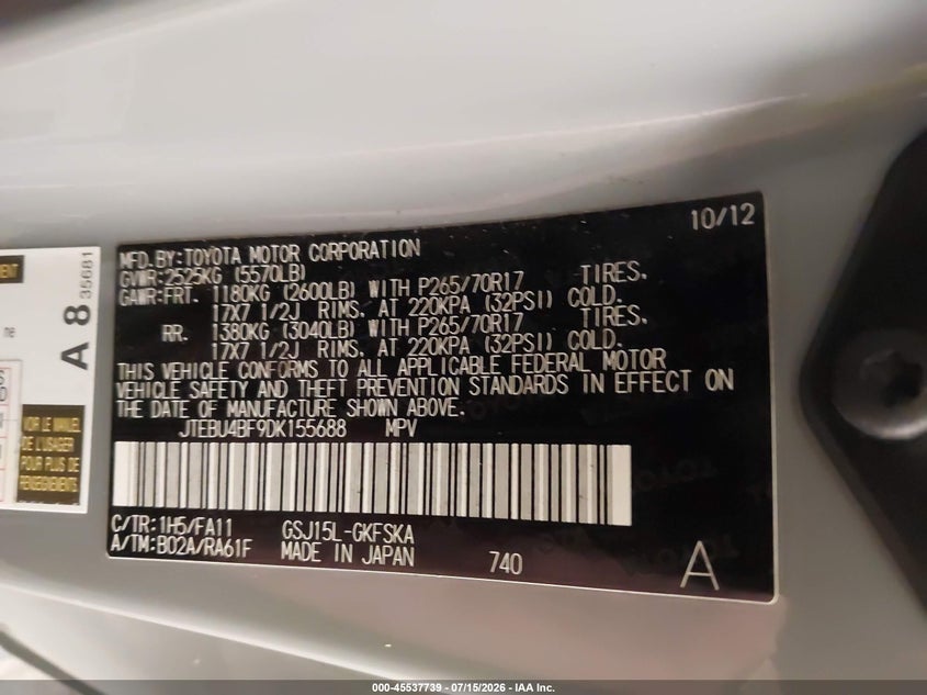 2013 Toyota Fj cruiser VIN JTEBU4BF9DK155688 IAAI salvage auction — UNDERCARRIAGE, Clear (Massachusetts), sold $7,375 on 2026-07-28 (photo 6)