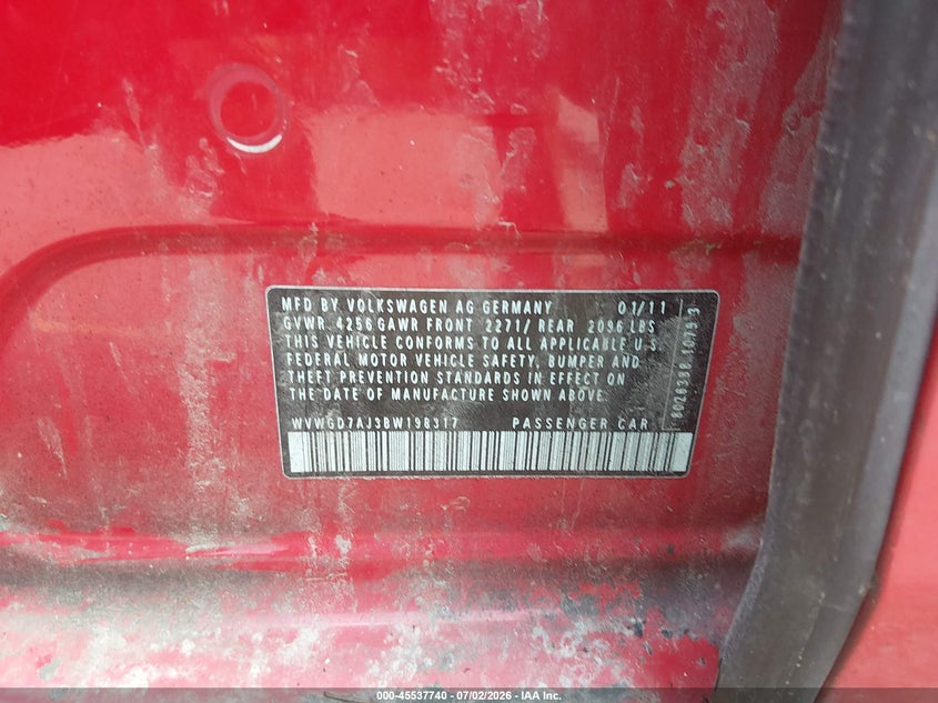2011 Volkswagen Gti VIN WVWGD7AJ3BW198317 IAAI salvage auction — Burn Engine, Clear (Massachusetts), sold $200 on 2026-08-06 (photo 9)
