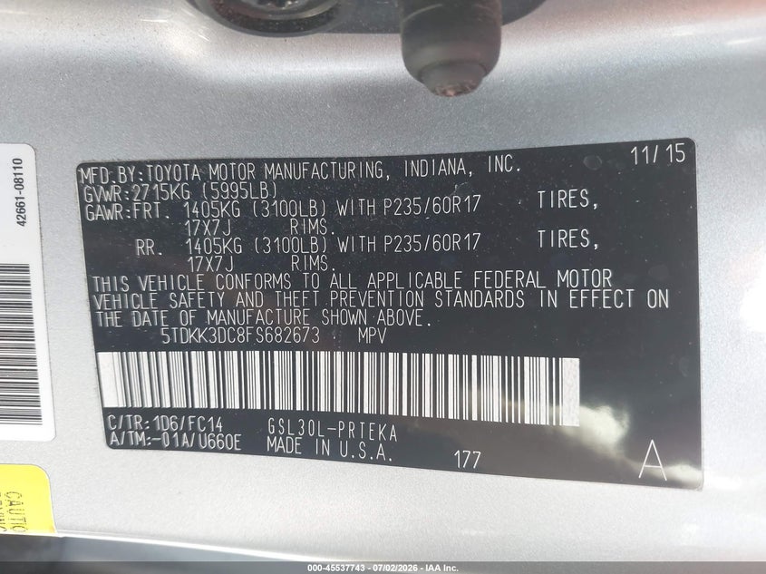 2015 Toyota Sienna VIN 5TDKK3DC8FS682673 IAAI salvage auction — RIGHT SIDE, Salvage Title, sold $2,700 on 2026-07-23 (photo 9)