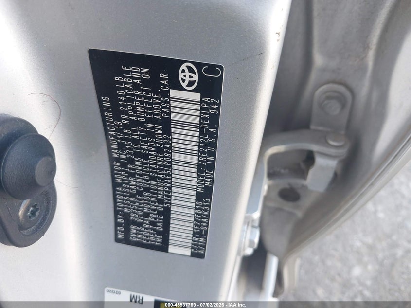 2020 Toyota Corolla VIN 5YFEPRAE5LP082432 IAAI salvage auction — UNKNOWN, Salvage (New Jersey), sold $2,650 on 2026-07-24 (photo 9)