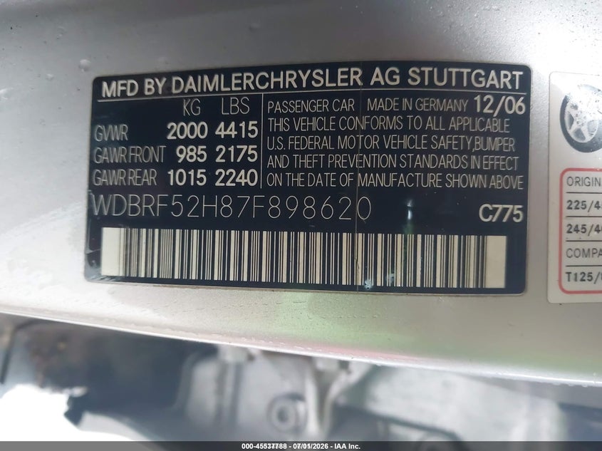 2007 Mercedes-benz C class VIN WDBRF52H87F898620 IAAI salvage auction — FRONT END, Salvage (Texas), sold $225 on 2026-07-28 (photo 9)