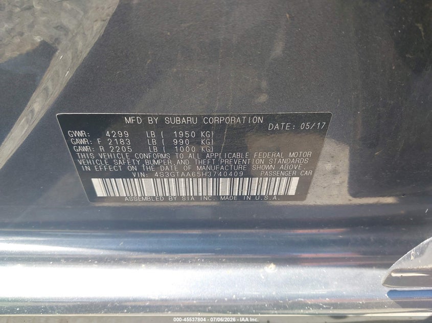 2017 Subaru Impreza VIN 4S3GTAA65H3740409 IAAI salvage auction — FRONT END, Salvage Title, sold $850 on 2026-08-01 (photo 9)