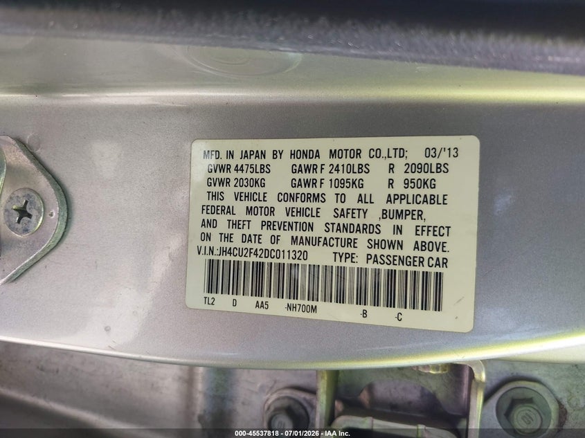 2013 Acura Tsx VIN JH4CU2F42DC011320 IAAI salvage auction — NORMAL WEAR, Original (Texas), sold $500 on 2026-07-29 (photo 9)