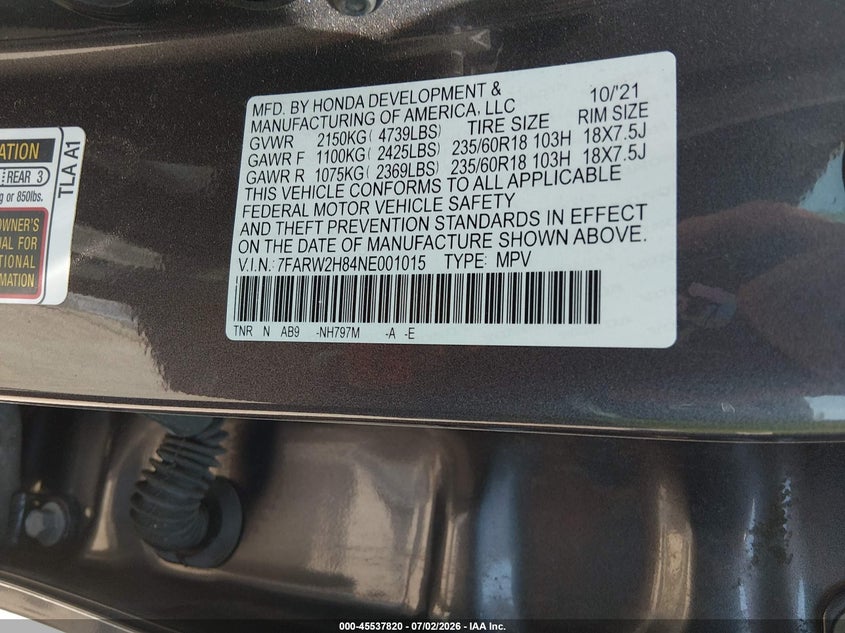 2022 Honda Cr-v VIN 7FARW2H84NE001015 IAAI salvage auction — LEFT SIDE, Salvage (Ohio), sold $10,100 on 2026-07-28 (photo 9)