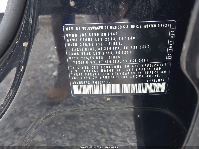 2024 Volkswagen Tiguan VIN 3VVNB7AX1RM164115 IAAI salvage auction — WATER/FLOOD, Salvage (Mississippi), sold $7,800 on 2026-07-31 (photo 9)