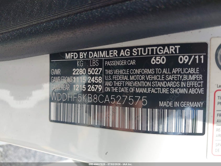 2012 Mercedes-benz E-klasse VIN WDDHF5KB8CA527575 IAAI salvage auction — FRONT END, Salvage (Georgia), sold $1,600 on 2026-08-12 (photo 9)