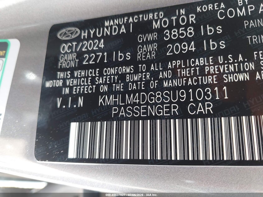 2025 Hyundai Elantra VIN KMHLM4DG8SU910311 IAAI salvage auction — REAR END, Salvage (North Carolina), sold $5,550 on 2026-07-27 (photo 9)