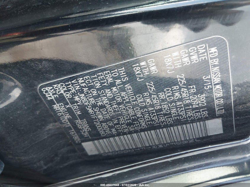 2015 Nissan Juke VIN JN8DF5MR1FT200080 IAAI salvage auction — FRONT END, Salvage Title, sold $25 on 2026-07-28 (photo 9)