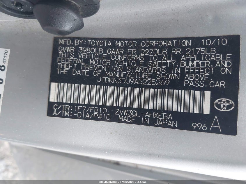 2010 Toyota Prius VIN JTDKN3DU9A5225269 IAAI salvage auction — NORMAL WEAR, Clear (Pennsylvania), sold $550 on 2026-07-10 (photo 9)