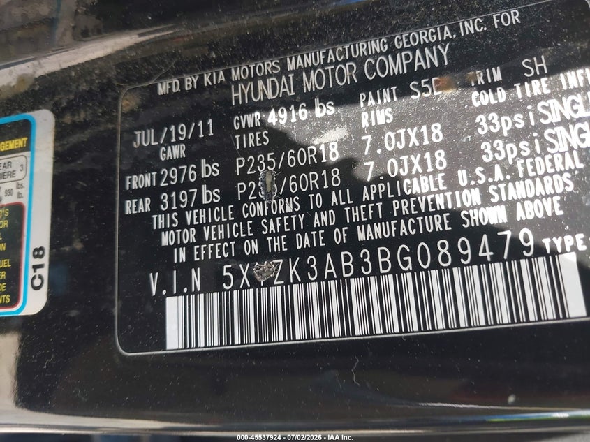 2011 Hyundai Santa fe VIN 5XYZK3AB3BG089479 IAAI salvage auction — FRONT END, Salvage (Indiana), sold $425 on 2026-07-24 (photo 9)