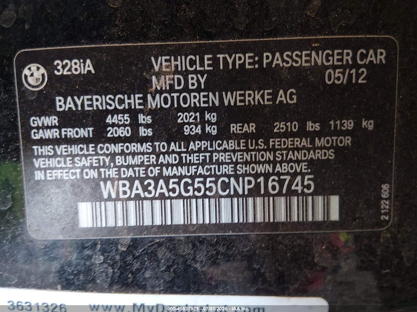 2012 BMW VIN WBA3A5G55CNP16745 IAAI salvage auction — NORMAL WEAR, Clear-Dealer Only (Arizona), sold $300 on 2026-07-28 (photo 9)