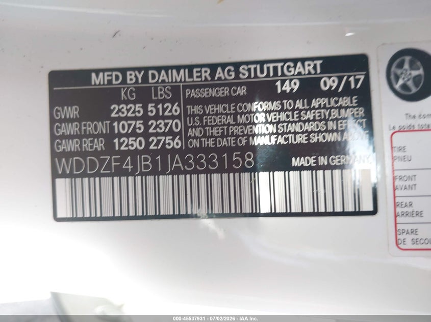 2018 Mercedes-benz E-klasse VIN WDDZF4JB1JA333158 IAAI salvage auction — UNDERCARRIAGE, Wait Title, sold $7,400 on 2026-08-05 (photo 9)