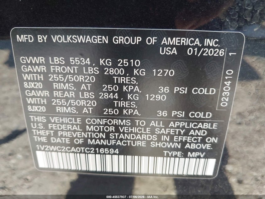 2026 Volkswagen Atlas cross sport VIN 1V2WC2CA0TC216594 IAAI salvage auction — FRONT END, Enterprise Vehicles Clear Only (Texas), sold $11,500 on 2026-07-23 (photo 9)