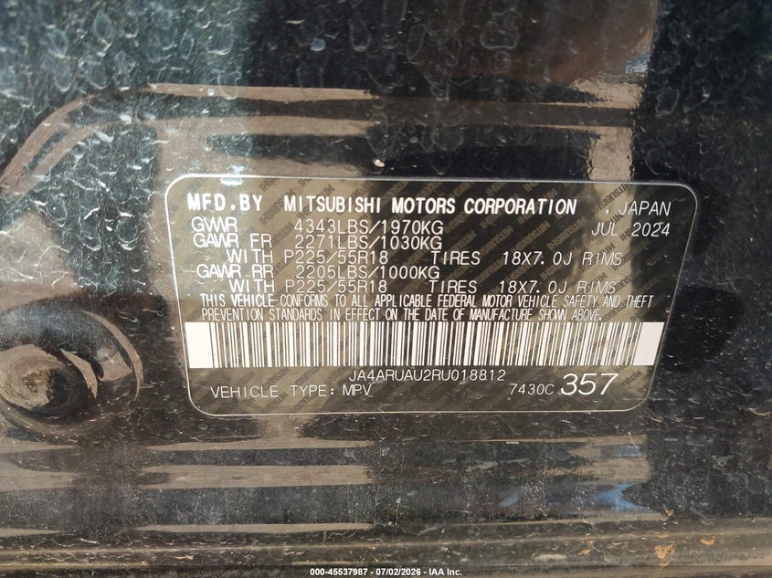2024 Mitsubishi Outlander VIN JA4ARUAU2RU018812 IAAI salvage auction — REAR END, Salvage Title, sold $4,025 on 2026-07-14 (photo 9)