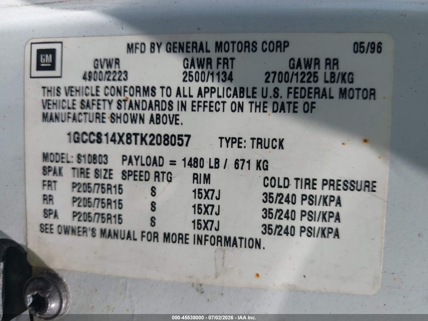 1996 Chevrolet S truck VIN 1GCCS14X8TK208057 IAAI salvage auction — NORMAL WEAR, Clear (Maryland), sold $275 on 2026-07-09 (photo 9)