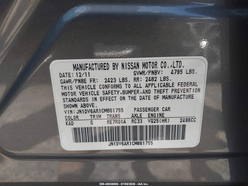 2012 Infiniti G VIN JN1DV6AR1CM861755 IAAI salvage auction — RIGHT FRONT, Clear (Massachusetts), sold $400 on 2026-07-14 (photo 9)