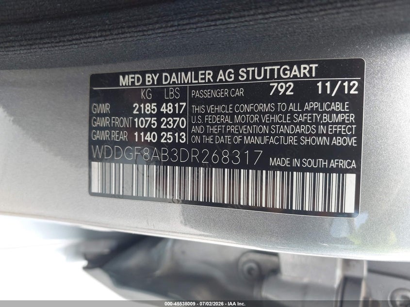2013 Mercedes-benz C-klasse VIN WDDGF8AB3DR268317 IAAI salvage auction — RIGHT FRONT, Salvage (Texas), sold $1,150 on 2026-08-04 (photo 9)
