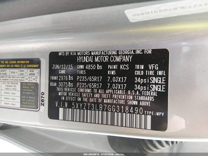 2016 Hyundai Santa fe VIN 5XYZT3LB7GG318490 IAAI salvage auction — NORMAL WEAR, Clear (Missouri), sold $1,750 on 2026-07-30 (photo 9)