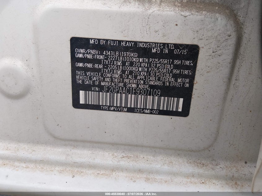 2015 Subaru Xv VIN JF2GPAAC1F9307109 IAAI salvage auction — NORMAL WEAR, Clear (Maryland), sold $475 on 2026-07-23 (photo 9)