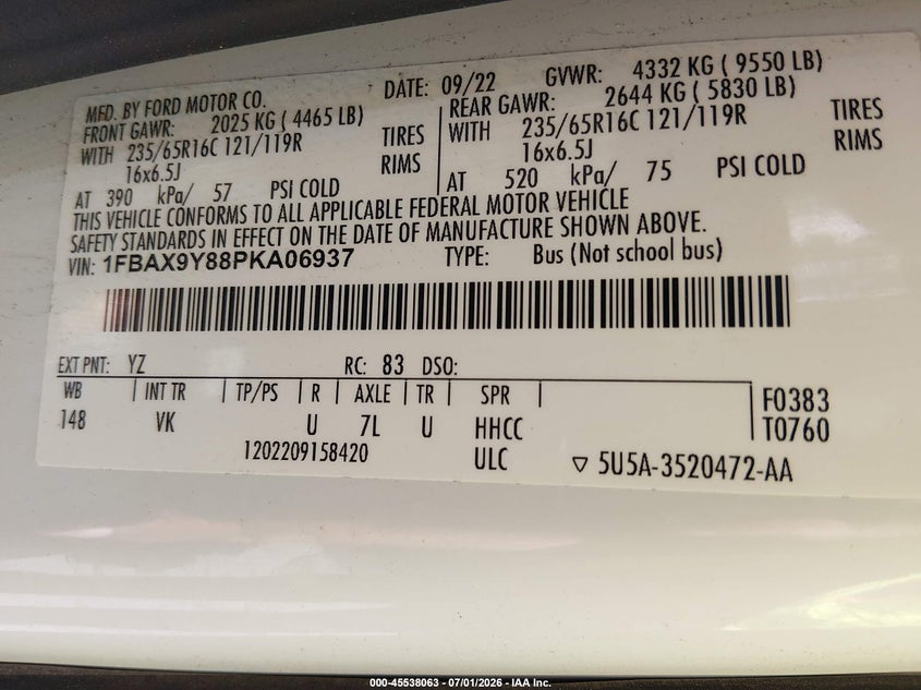 2023 Ford Transit-350 VIN 1FBAX9Y88PKA06937 IAAI salvage auction — NORMAL WEAR, Sf97 (Washington), sold $21,400 on 2026-09-03 (photo 9)