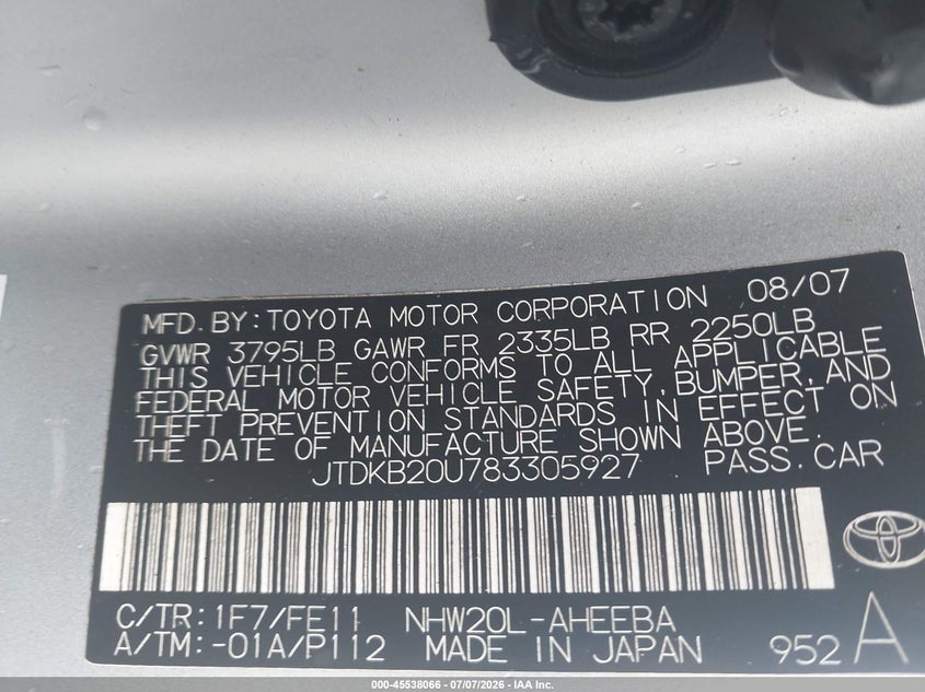 2008 Toyota Prius VIN JTDKB20U783305927 IAAI salvage auction — ENGINE BURN, Clear (Massachusetts), sold $400 on 2026-07-17 (photo 9)