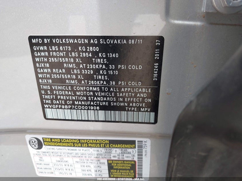 2012 Volkswagen Touareg VIN WVGFF9BP7CD001906 IAAI salvage auction — ALL OVER, Clear (Texas), sold $800 on 2026-07-27 (photo 9)