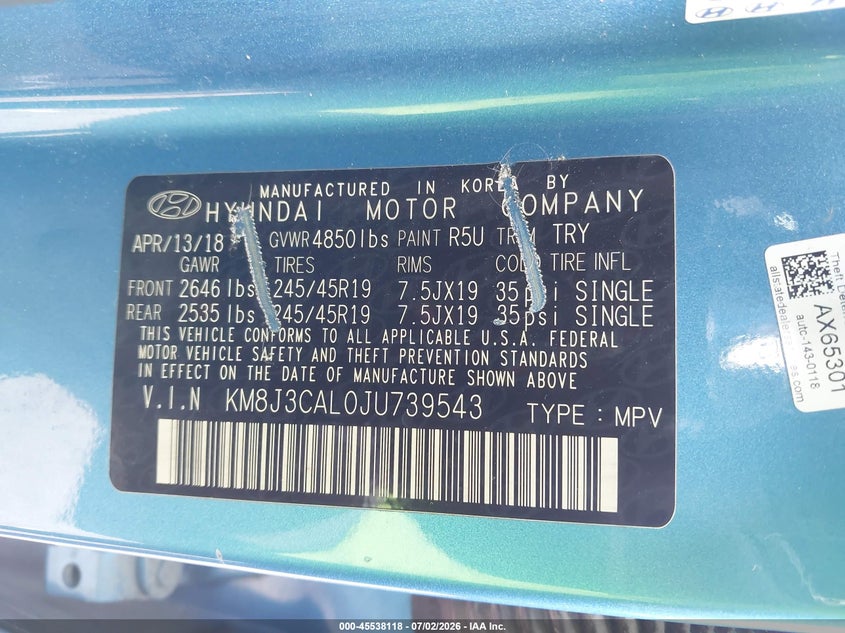 2018 Hyundai Tucson VIN KM8J3CAL0JU739543 IAAI salvage auction — FRONT END, Rebuildable (Florida), sold $1,550 on 2026-07-20 (photo 9)