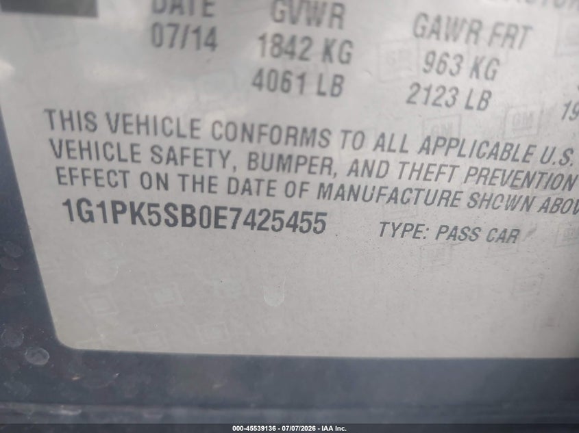 2014 Chevrolet Cruze VIN 1G1PK5SB0E7425455 IAAI salvage auction — NORMAL WEAR, Clear (Utah), sold $350 on 2026-07-19 (photo 9)