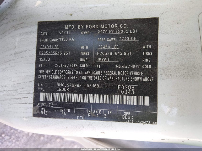 2011 Ford Transit connect VIN NM0LS7DN8BT055168 IAAI salvage auction — NORMAL WEAR, Regular (Nevada), sold $1,600 on 2026-07-10 (photo 9)