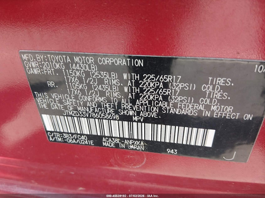 2008 Toyota Rav4 VIN JTMZD33V786058698 IAAI salvage auction — NORMAL WEAR, Clear (North Carolina), sold $1,225 on 2026-07-29 (photo 9)