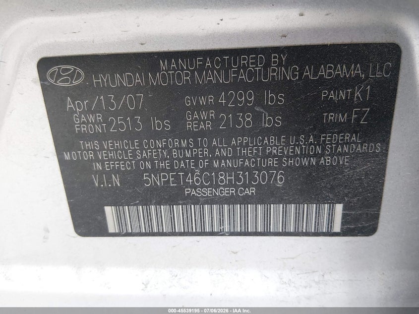 2008 Hyundai Sonata VIN 5NPET46C18H313076 IAAI salvage auction — LEFT & RIGHT, Salvage (Utah), sold $225 on 2026-07-30 (photo 9)