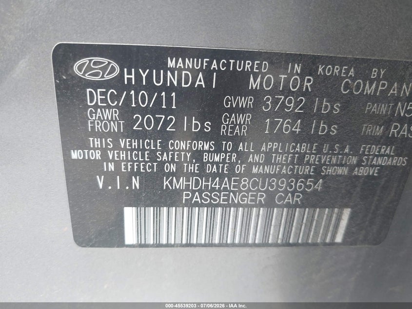 2012 Hyundai Elantra VIN KMHDH4AE8CU393654 IAAI salvage auction — RIGHT FRONT, Clear (Virginia), sold $1,250 on 2026-07-16 (photo 9)