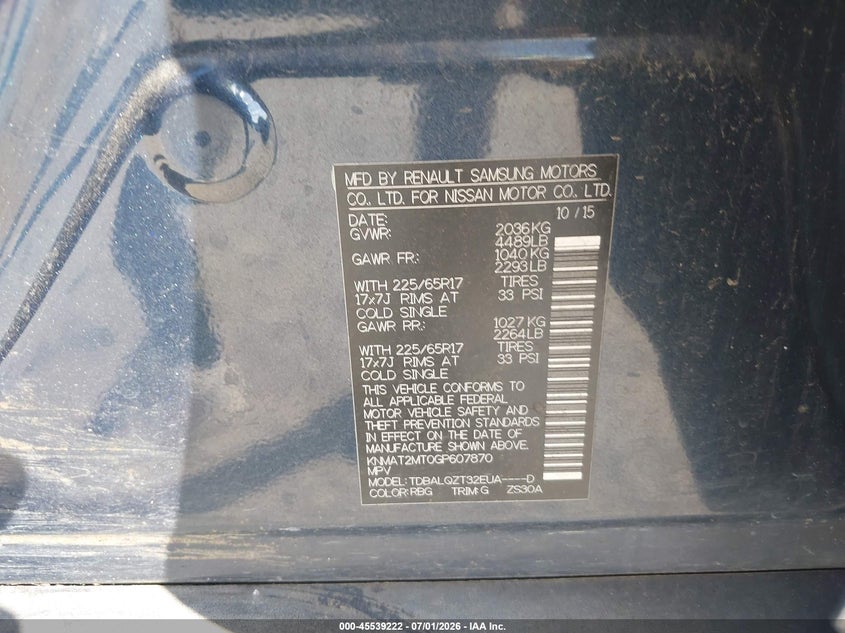2016 Nissan Rogue VIN KNMAT2MT0GP607870 IAAI salvage auction — NORMAL WEAR, Original (Texas), sold $1,250 on 2026-07-29 (photo 9)