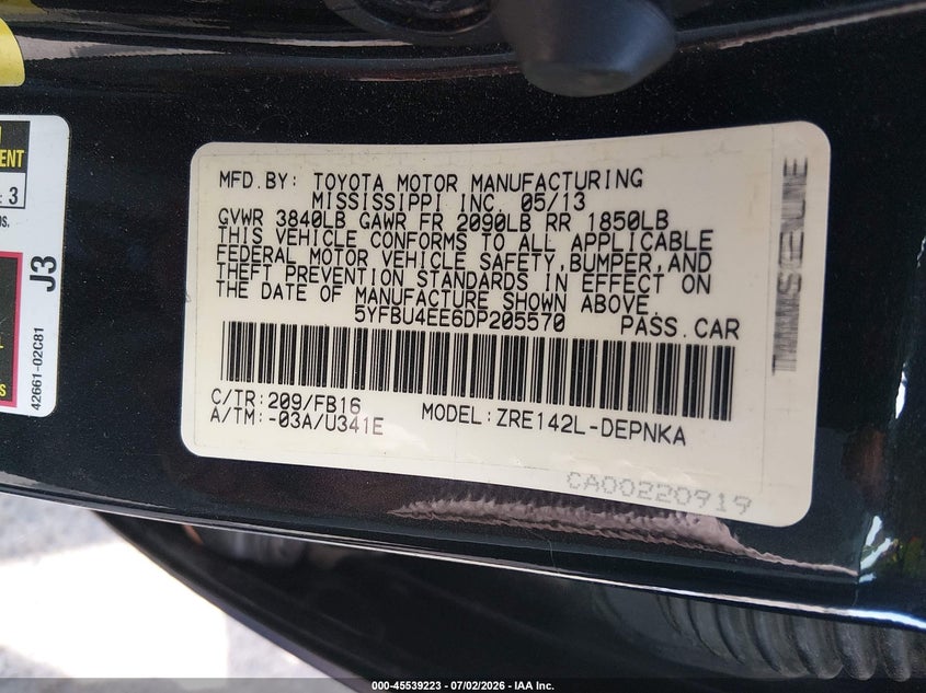 2013 Toyota Corolla VIN 5YFBU4EE6DP205570 IAAI salvage auction — RIGHT REAR, Salvage Title, sold $1,400 on 2026-07-22 (photo 9)