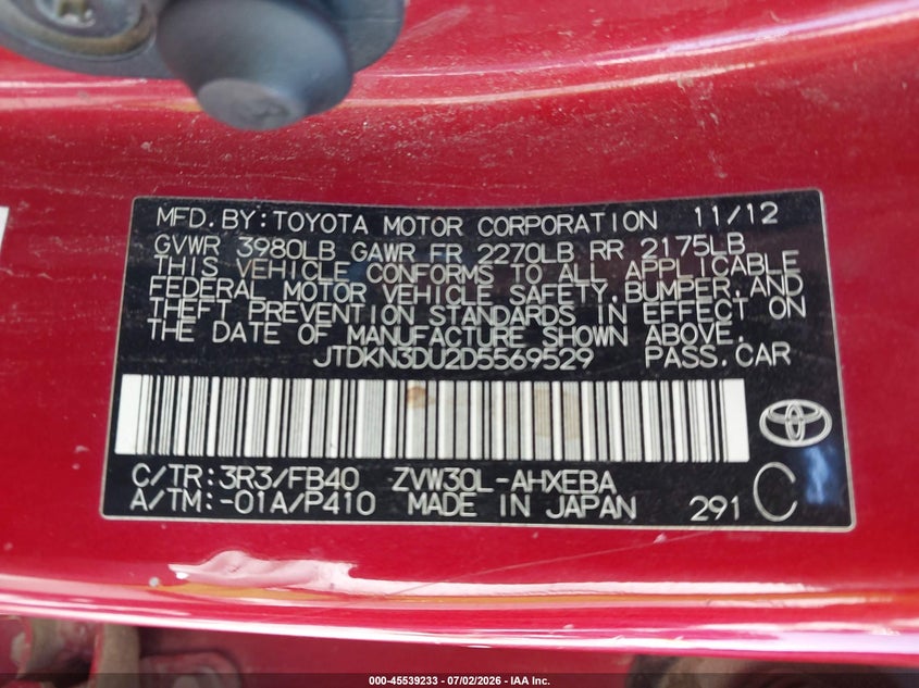 2013 Toyota Prius VIN JTDKN3DU2D5569529 IAAI salvage auction — NORMAL WEAR, Clear (New Mexico), sold $700 on 2026-07-29 (photo 9)