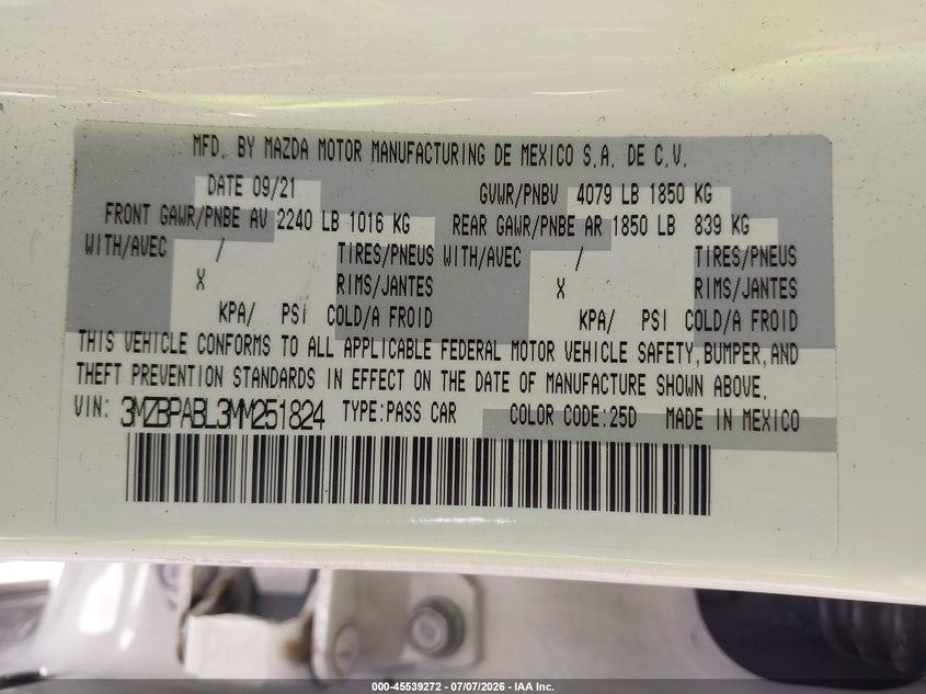 2021 Mazda 3 VIN 3MZBPABL3MM251824 IAAI salvage auction — SIDE, Bill Of Sale (Washington), sold $4,450 on 2026-07-24 (photo 9)