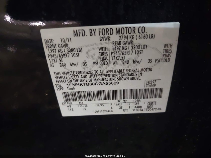 2012 Ford Explorer VIN 1FMHK7B80CGA55029 IAAI salvage auction — FRONT END, Clear (Virginia), sold $875 on 2026-07-19 (photo 9)