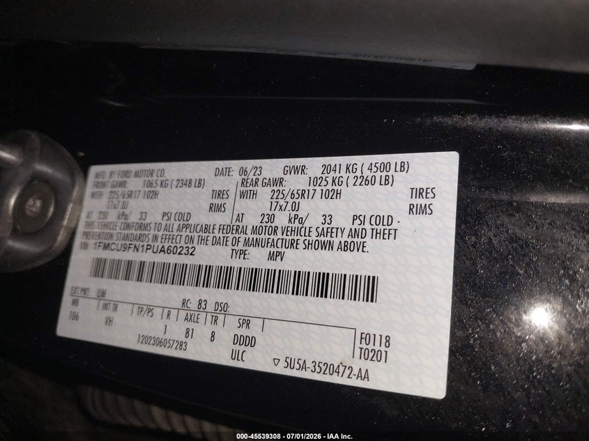 2023 Ford Escape VIN 1FMCU9FN1PUA60232 IAAI salvage auction — NORMAL WEAR, SF97 (Maine), sold $6,050 on 2026-07-23 (photo 9)