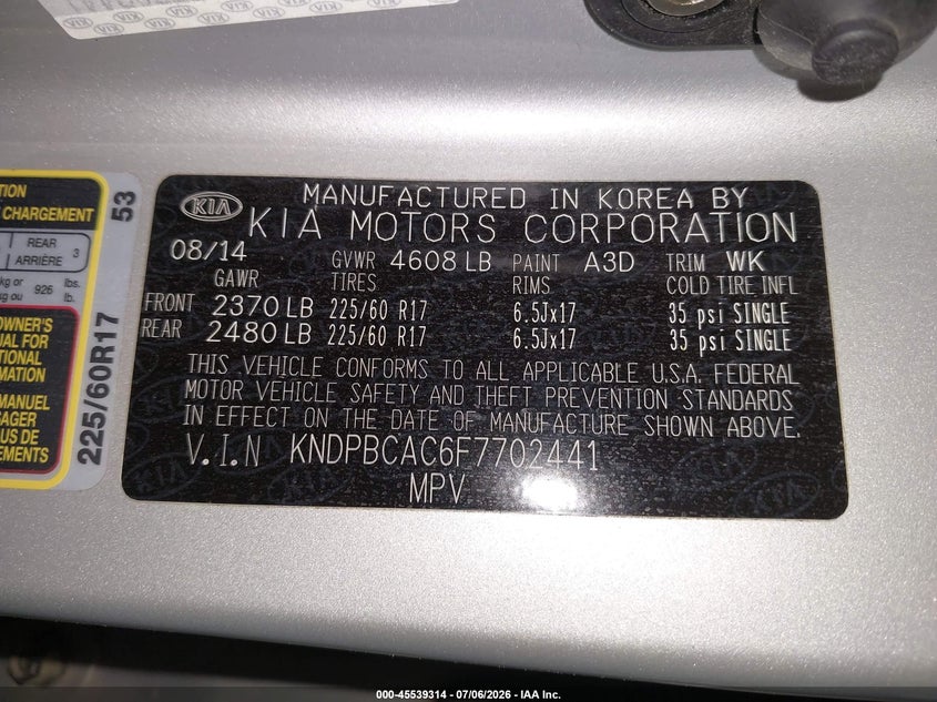 2015 Kia Sportage VIN KNDPBCAC6F7702441 IAAI salvage auction — FRONT END, Salvage (Pennsylvania), sold $1,200 on 2026-07-23 (photo 9)