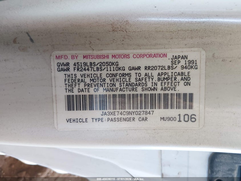 1992 Mitsubishi 3000 gt VIN JA3XE74C9NY027847 IAAI salvage auction — NORMAL WEAR, Clear-Dealer Only (Iowa), sold $300 on 2026-07-28 (photo 9)