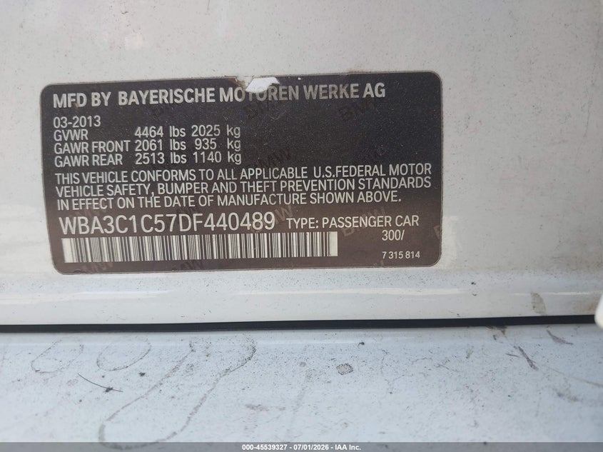 2013 BMW VIN WBA3C1C57DF440489 IAAI salvage auction — REAR END, Salvage (California), sold $325 on 2026-07-29 (photo 9)