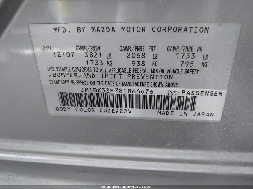 2008 Mazda 3 VIN JM1BK32F781866676 IAAI salvage auction — NORMAL WEAR, Clear (Virginia), sold $275 on 2026-07-09 (photo 9)