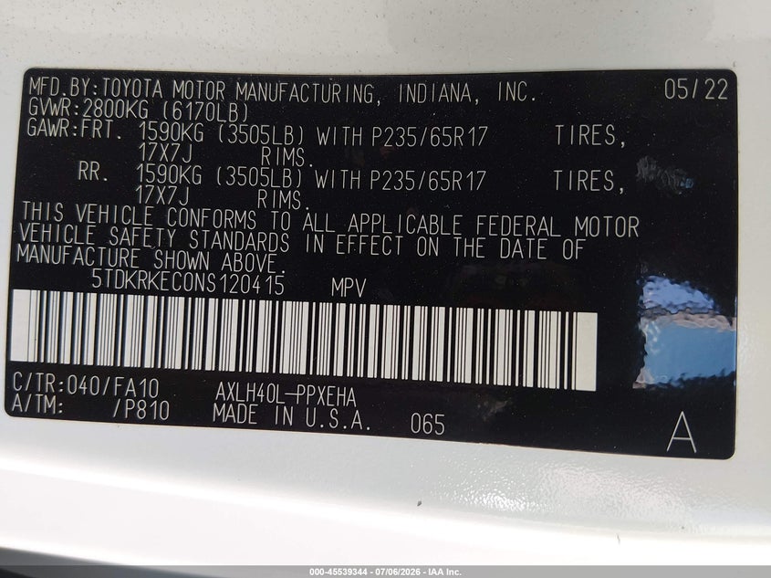 2022 Toyota Sienna VIN 5TDKRKEC0NS120415 IAAI salvage auction — LEFT FRONT, Salvage (Texas), sold $20,500 on 2026-08-01 (photo 9)