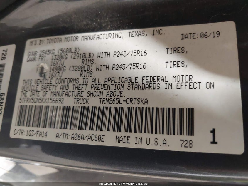 2019 Toyota Tacoma VIN 5TFRX5GN5KX156692 IAAI salvage auction — SUSPENSION, Salvage (North Carolina), sold $5,600 on 2026-07-30 (photo 9)