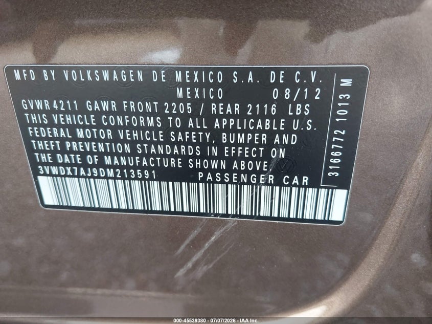 2013 Volkswagen Jetta VIN 3VWDX7AJ9DM213591 IAAI salvage auction — FRONT END, Salvage (Louisiana), sold $825 on 2026-07-22 (photo 9)