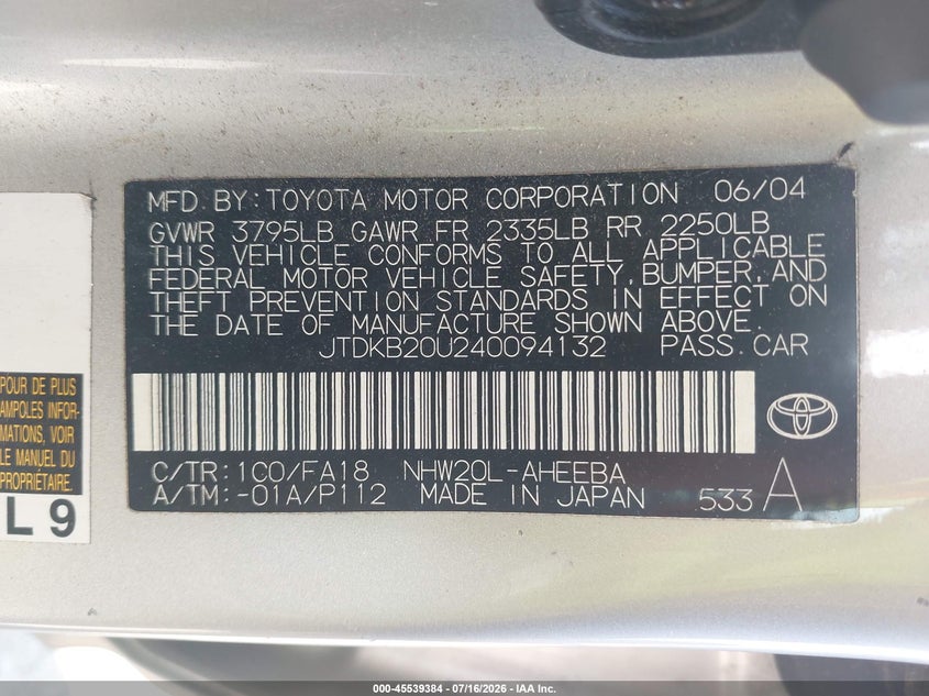 2004 Toyota Prius VIN JTDKB20U240094132 IAAI salvage auction — LEFT & RIGHT, Clear (Massachusetts), sold $325 on 2026-07-24 (photo 9)