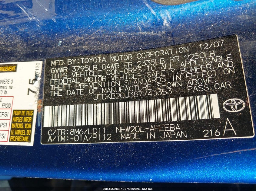 2008 Toyota Prius VIN JTDKB20U387743353 IAAI salvage auction — NORMAL WEAR, Clear (Indiana), sold $375 on 2026-07-22 (photo 9)