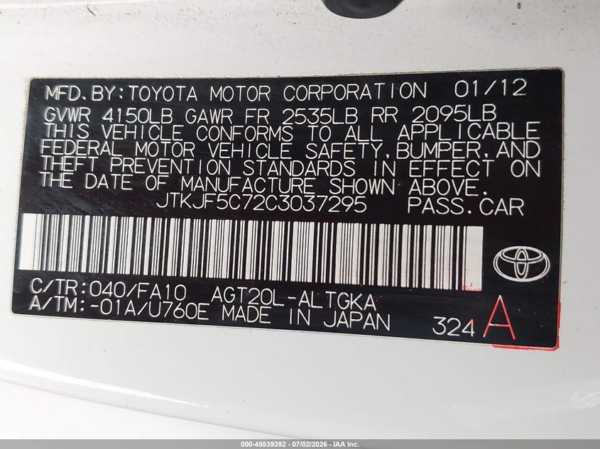 2012 Scion Tc VIN JTKJF5C72C3037295 IAAI salvage auction — LEFT FRONT, Salvage Title, sold $850 on 2026-07-28 (photo 9)