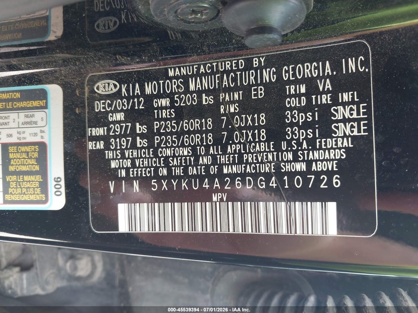 2013 Kia Sorento VIN 5XYKU4A26DG410726 IAAI salvage auction — NORMAL WEAR, Original (Texas), sold $1,325 on 2026-08-01 (photo 9)